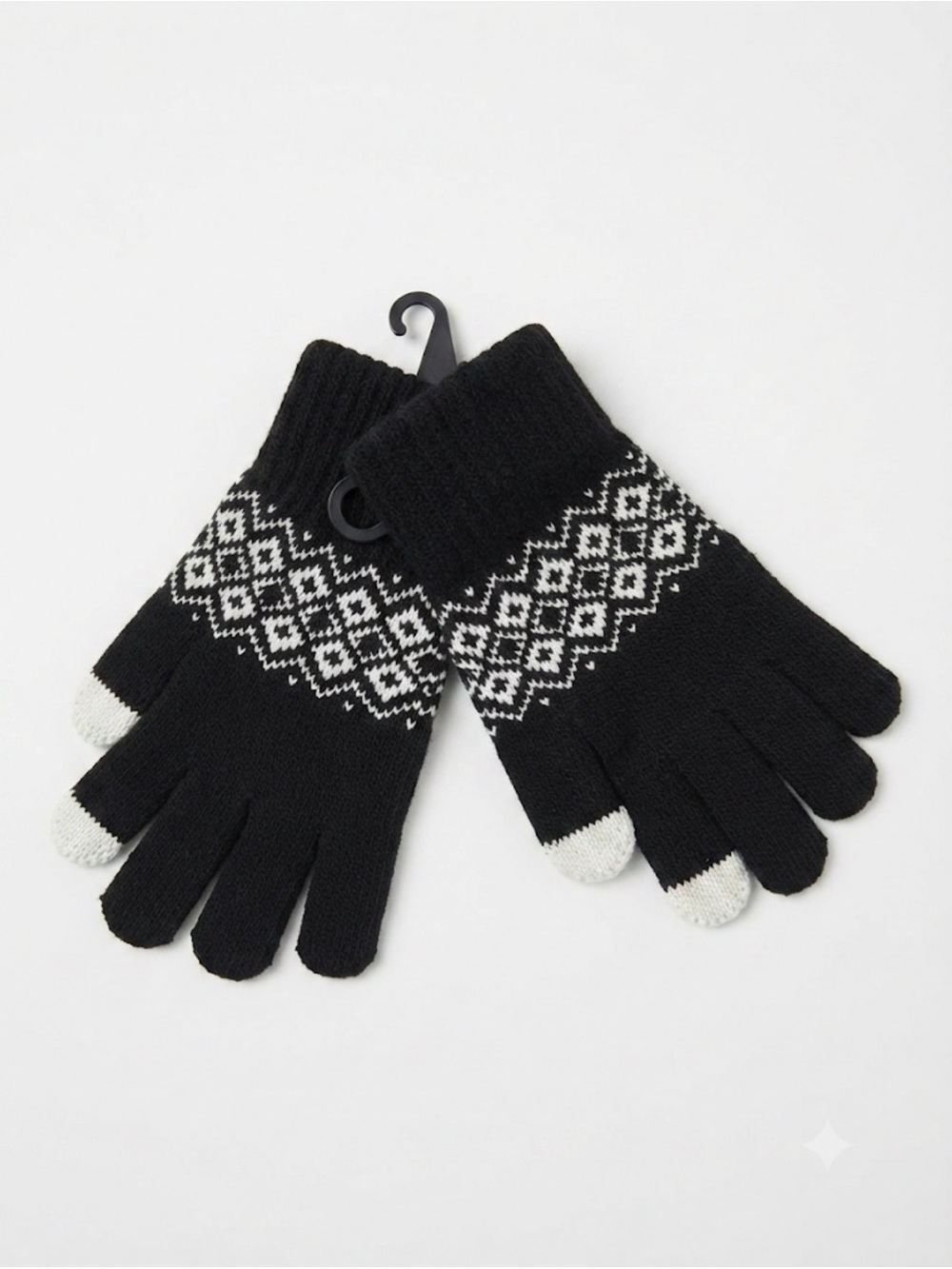 Black Knit Touchscreen Gloves with White Fair Isle Pattern